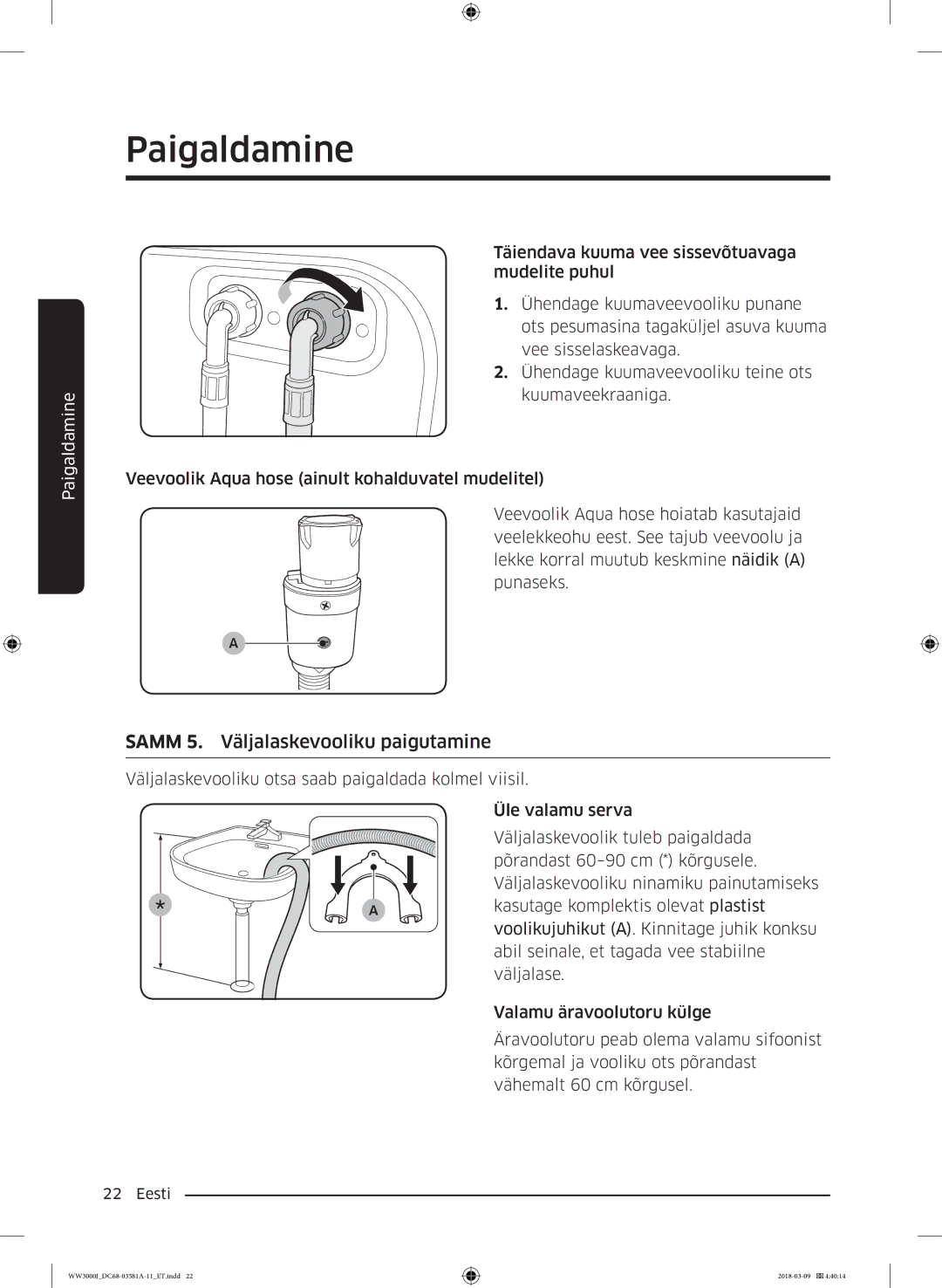 Samsung WW60J3080LW1LE manual Samm 5. , Väljalaskevooliku paigutamine 